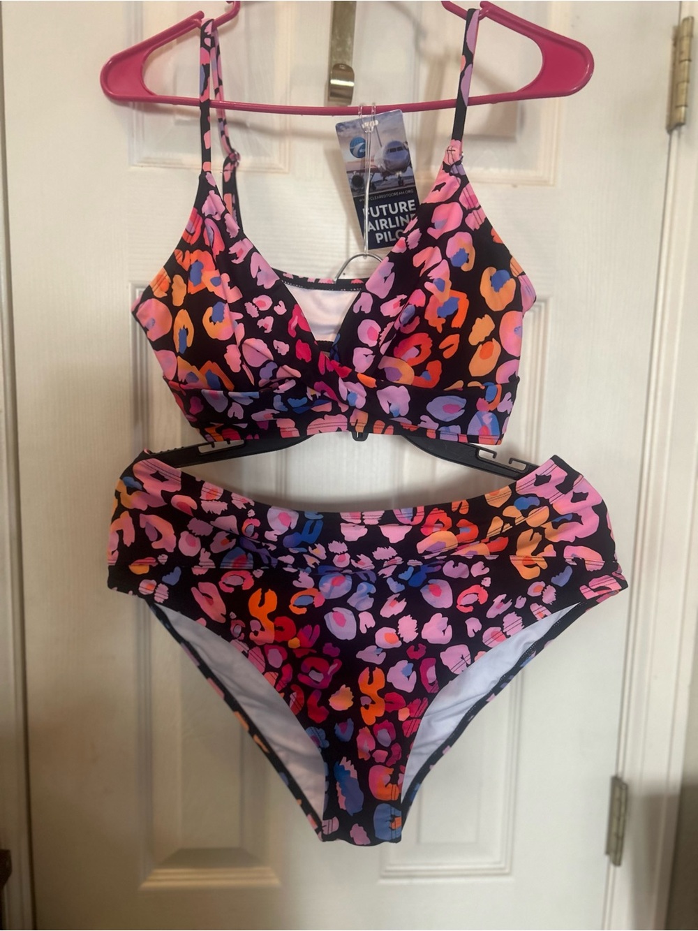 Future Airline Pilot Pink & Orange Leopard-Print Bikini Set.